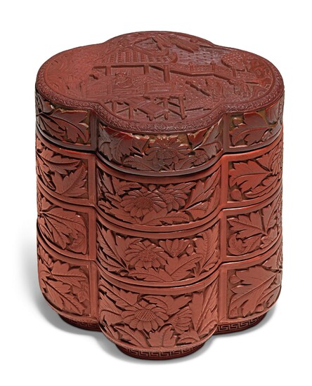 A CINNABAR LACQUER THREE-TIERED BOX AND COVER MING DYNASTY, 16TH CENTURY