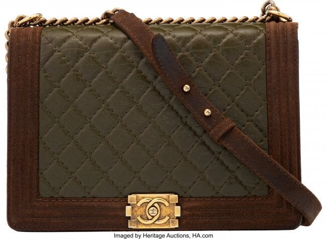58032: Chanel Green Quilted Distressed Leather & Brown