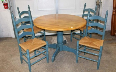 5pc country style 42" diameter butcher block top table with 4 ladder back rush bottom chairs
