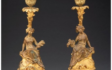 61032: A Pair of Gilt and Patinated Bronze Candlesticks