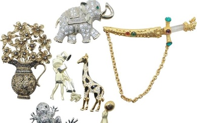 7 Assorted Costume Jewelry Pins: Large Crystals Elephant Pin; Black Enamel & Rhinestone Giraffe