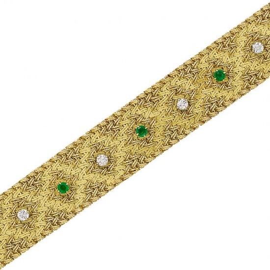 Gold, Emerald and Diamond Mesh Bracelet, France