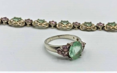 .925 STERLING Green & Pink Amethyst Bracelet Ring Set