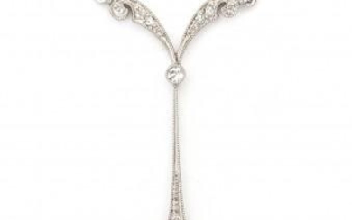A 14 carat white gold and diamand Belle Epoque necklace, ca. 1915. Negligé necklace featuring single cut diamonds and a brilliant cut diamond suspended of ca. 0.80 ct., ca. G-H, SI2. Maker's mark 'Van Kempen, Begeer & Vos'. Gross weight: 3.9 g.