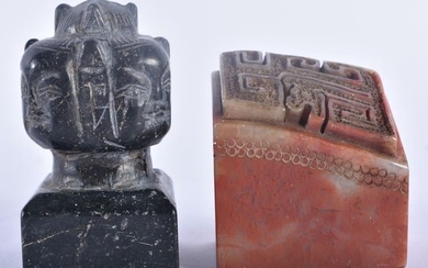 A 19TH CENTURY CHINESE CARVED STONE SEAL Qing, together with another C1900 stone multi head Chinese