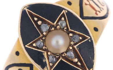 A 19th century 18ct gold split pearl diamond and black ename...