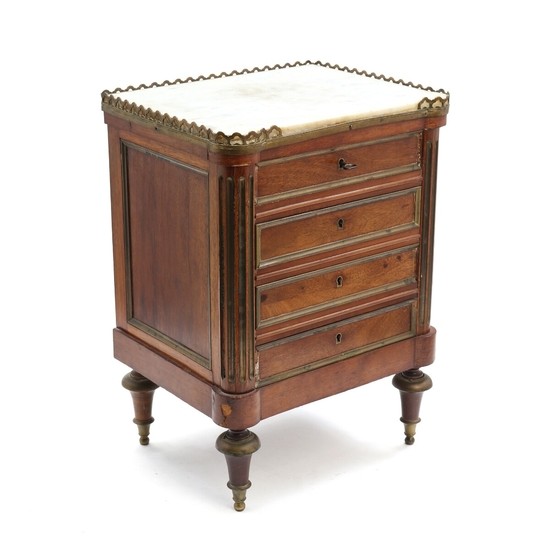 A 19th century French Louis XVI style walnut miniature chest of drawers. H. 44. W. 32. D. 26 cm.
