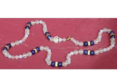 A 9ct gold blue lapis, agate and rock crystal bead necklace,...