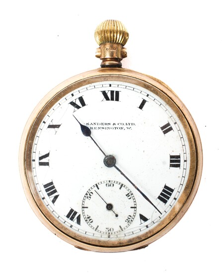 A 9ct gold cased open face pocket watch, the enamel dial with Roman numerals denoting hours