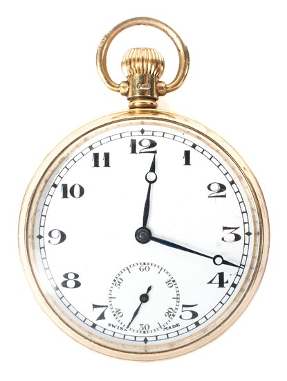 A 9ct gold cased open faced pocket watch, the enamel dial with Arabic numerals denoting hours