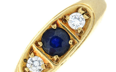 A 9ct gold sapphire and diamond three-stone ring.