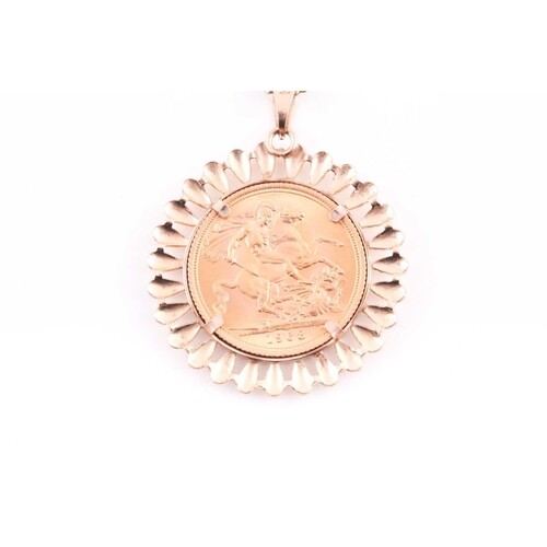 A 9ct yellow gold mounted full sovereign pendant, the coin d...