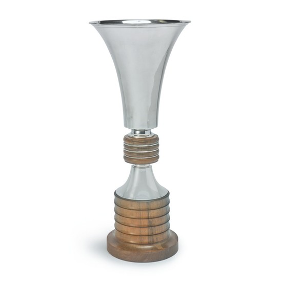 A BELGIAN SILVER AND WOOD VASE ON STAND, WOLFERS, BRUSSELS, CIRCA 1950