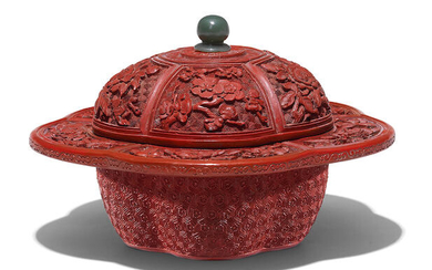 A CARVED CINNABAR LACQUER PRUNUS-SHAPED BOWL AND COVER, ZHADOU