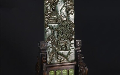 A CARVED SPINACH GREEN JADE TABLE-SCREEN