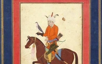 A CAUCASIAN NOBLEMAN RIDING A HORSE AND HOLDING A