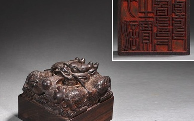 A CHINESE CARVED ALOES WOOD DRAGON SEAL
