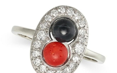 A CORAL, ONYX AND DIAMOND DRESS RING set with a round polished coral bead and a round polished onyx