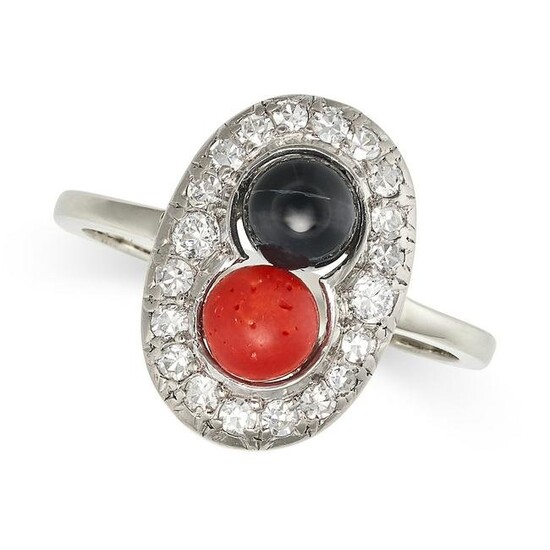 A CORAL, ONYX AND DIAMOND DRESS RING set with a round polished coral bead and a round polished onyx