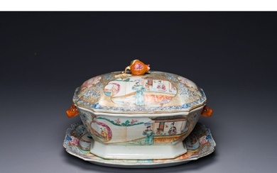 A Chinese Canton famille rose 'mandarin subject' tureen, cov...
