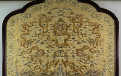 A Chinese Imperial Yellow Embroidered Throne Back Cushion Cover,...