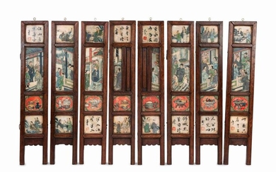 A Chinese Painted and Hardstone Inset Wood Eight-Panel