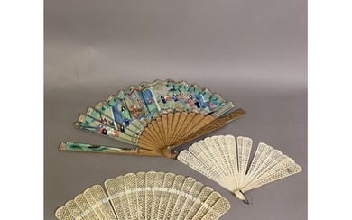 A Chinese Qing Dynasty asymmetrical carved wood Mandarin fan...