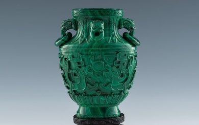 A Chinese carved malachite 'kuilong' beast-handled vase, 19th century