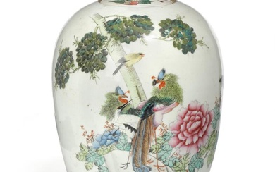 A Chinese enamelled porcelain jar and cover painted with exotic birds and...