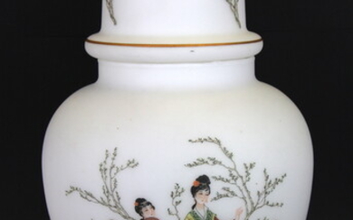A Chinese milk glass jar and cover converted into a table lamp, H. 45cm.