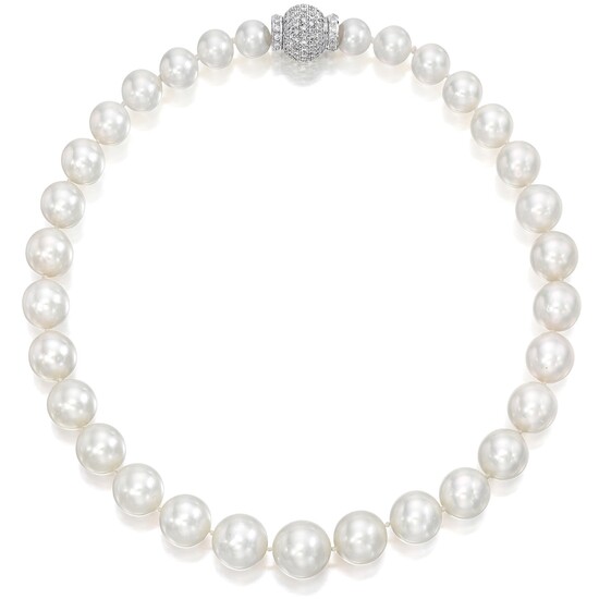 A Cultured Pearl, Diamond, and White Gold Necklace