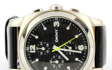 A DKNY chronographic (model no. NY-2021, 250011) stainless steel wristwatch with fluorescent yellow second hand on a black leather strap.