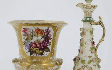 A Derby porcelain campana shape vase and an English porcelain scent bottle...