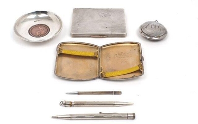 A Dunhill silver cigarette case, London, 1945, of rectangular, engine turned design, 8.1 x 10.3cm; together with a silver dish with a 1797 copper Britannia Penny to base, Chester, 1902, Andrew Barrett & Sons, 9cm dia.; a further silver cigarette...