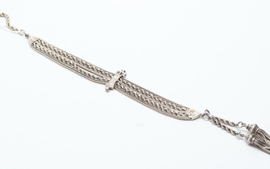 A FANCY LINK ALBERTINA CHAIN WITH TASSEL FOBS, IN SILVER, LENGTH 32CMS