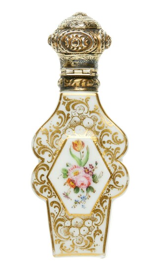 A FRENCH 19TH CENTURY PORCELAIN AND SILVER GILT SCENT BOTTLE