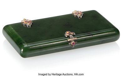 A Faberge Diamond, Ruby, Silver and Gold Mounted Nephrite Cigarette Case