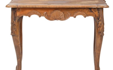 A French 18th century Rococo walnut console table, carved with rocailles and...