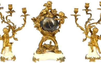 A French Gilt Ormolu Bronze Marble Clock Set Garniture