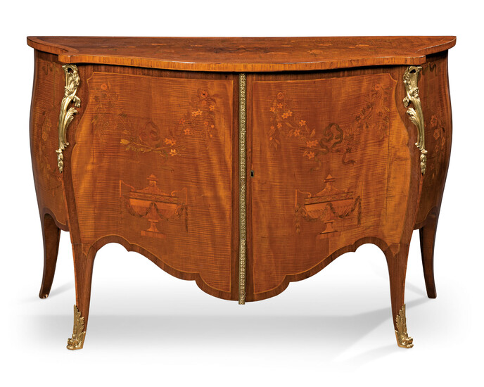 A GEORGE III ORMOLU-MOUNTED HAREWOOD, AMARANTH AND MARQUETRY COMMODE