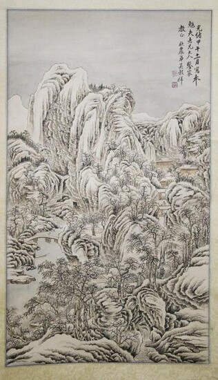 A GOOD CHINESE SCROLL PAINTING OF A MOUNTAINOUS