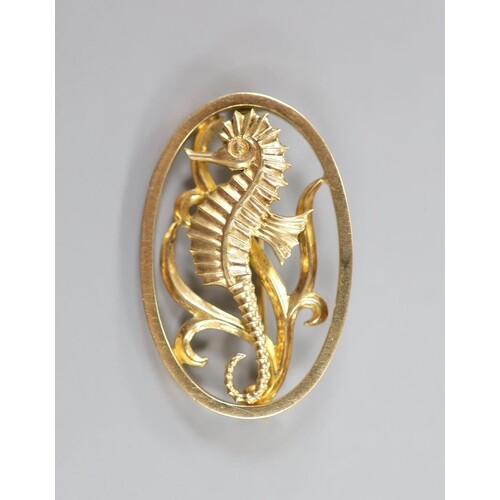 A Georg Jensen style 9ct gold seahorse oval brooch, GT. Ltd,...