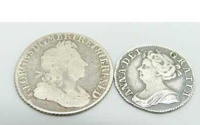 A George I SSC 1723 shilling and a Queen Anne 1708 sixpence