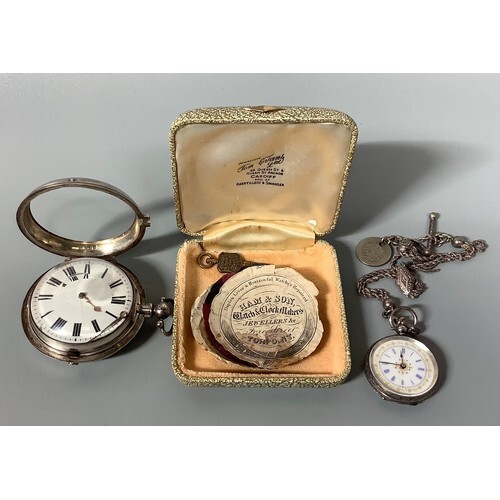 A George IV silver pair-cased pocket watch with white enamel...