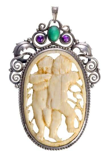A German Jugendstil silver and ivory pendant c.1920, marked on...
