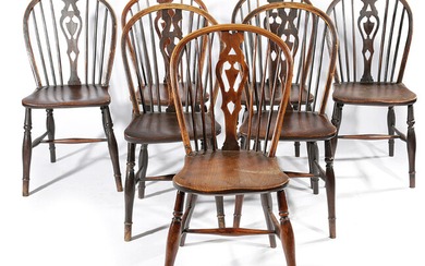 A HARLEQUIN SET OF SEVEN ASH AND YEW WINDSOR SIDECHAIRS