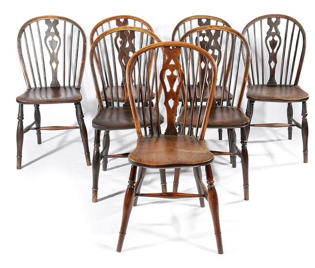A HARLEQUIN SET OF SEVEN ASH AND YEW WINDSOR SIDECHAIRS