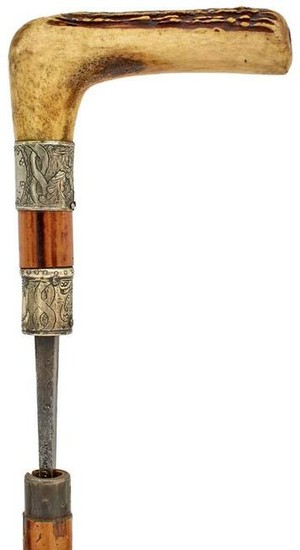 A LATE 19TH CENTURY MALACCA SWORD STICK, natural antler