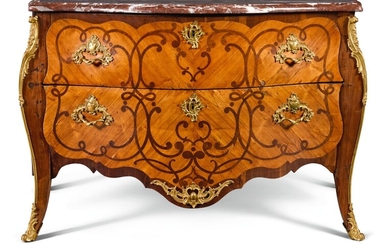 A LOUIS XV BOIS SATINÉ AND AMARANTH MARQUETRY COMMODE, CIRCA 1760