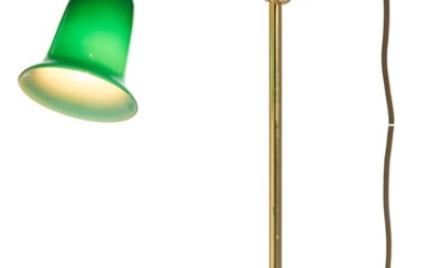 A MODERN ADJUSTABLE BRASS DESK LAMP WITH GREEN GLASS SHADE